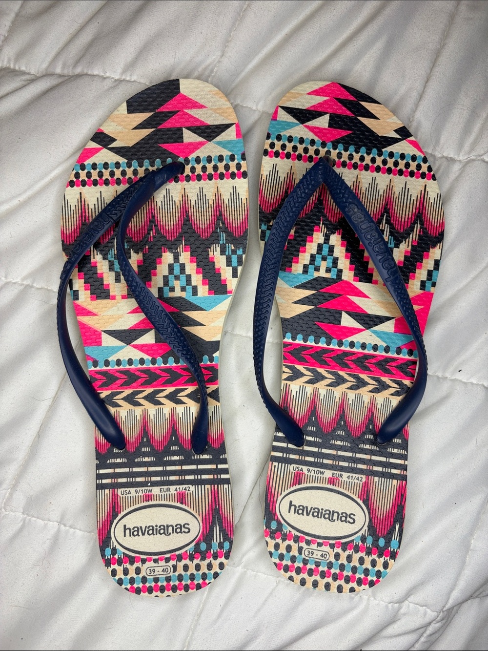 Havaianas Navy Strap Flip Flops with Pink & Teal Tribal Print